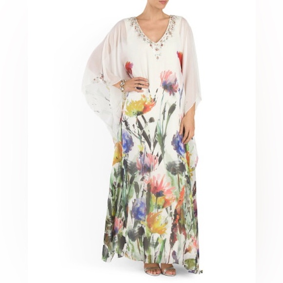 Badgley Mischka Beaded White Multi Brushstroke Watercolor Floral Caftan … - Picture 1 of 13